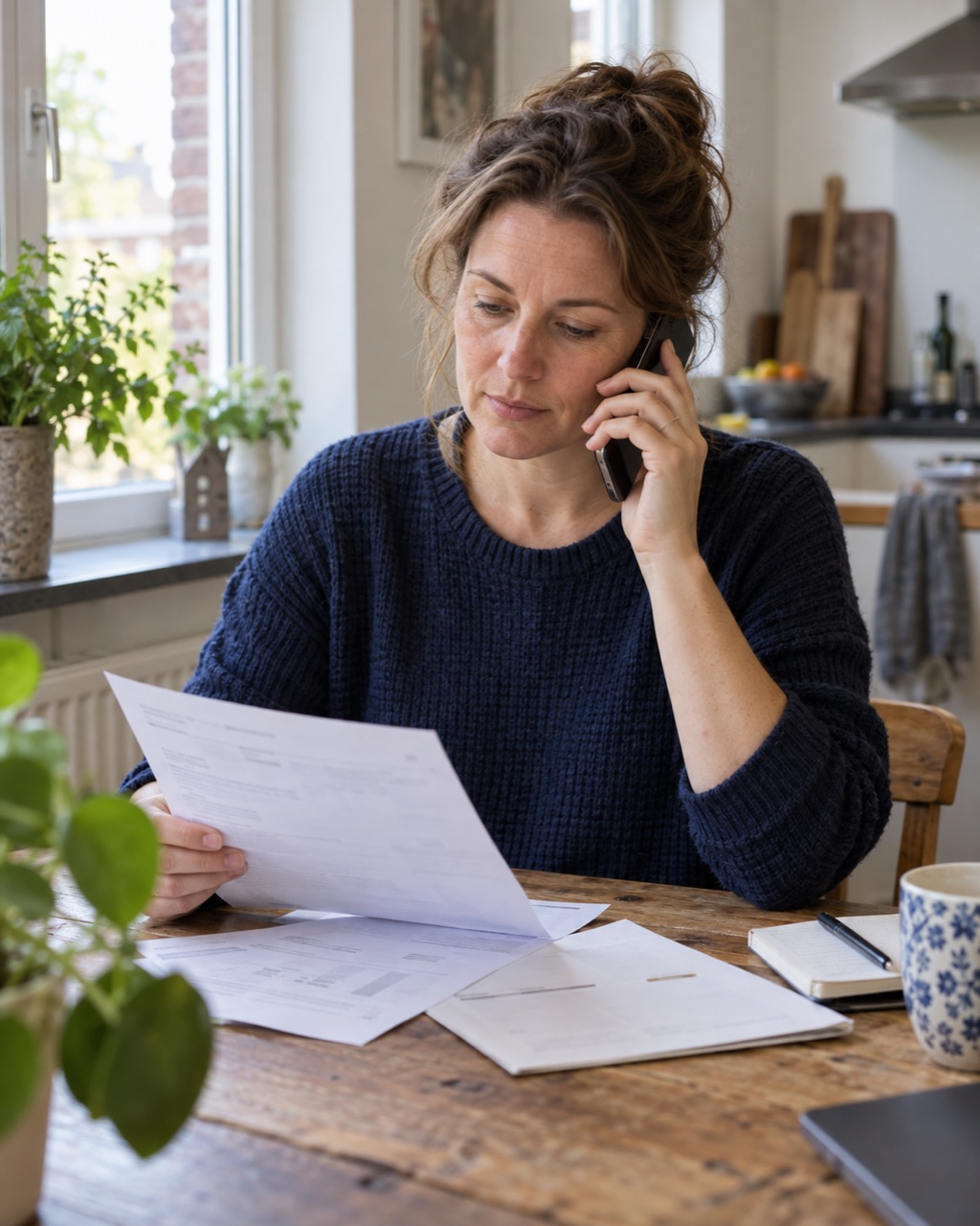 Sfeerbeeld van een vrouw die thuis haar energierekening telefonisch bespreekt